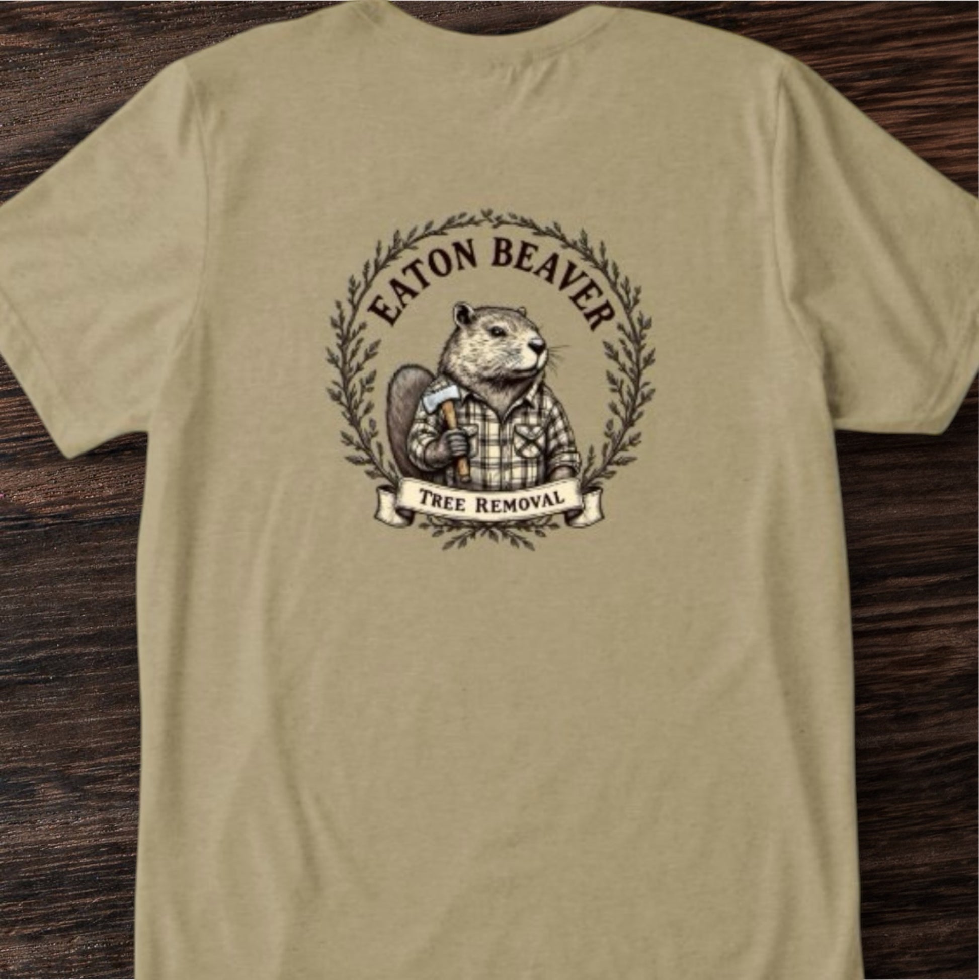 A with 'Eaton Beaver Tree Removal' printed on the back, featuring an illustration of a beaver, by Terribull Tees.