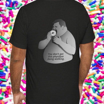Black t-shirt with graphic of a person eating a donut and text, by Terribull Tees.