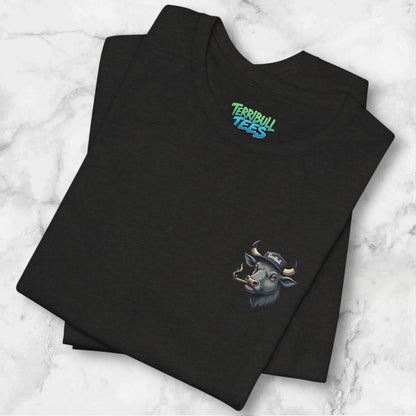 Black t-shirt with a logo and 'Terribull Tees' branding on a marble surface.