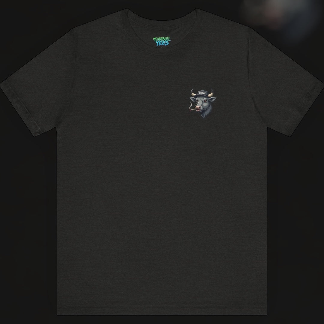 Black t-shirt with a small logo on the chest against a dark background.
