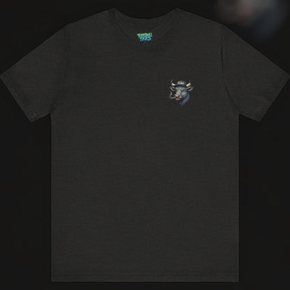 Black t-shirt with a small logo on the chest against a dark background.